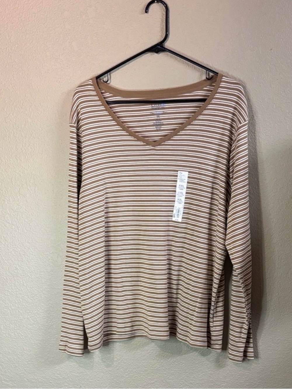New Croft & Barrow Shirt Women Brown & White Striped Long Sleeve Classic Tee XXL